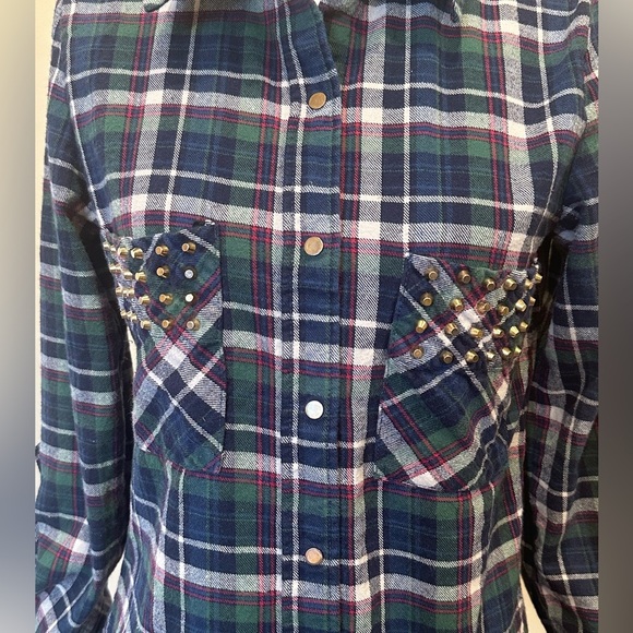 Moon Collection Studded Plaid Flannel Button Down Shirt Girls Size Large 14-16 - Picture 4 of 7